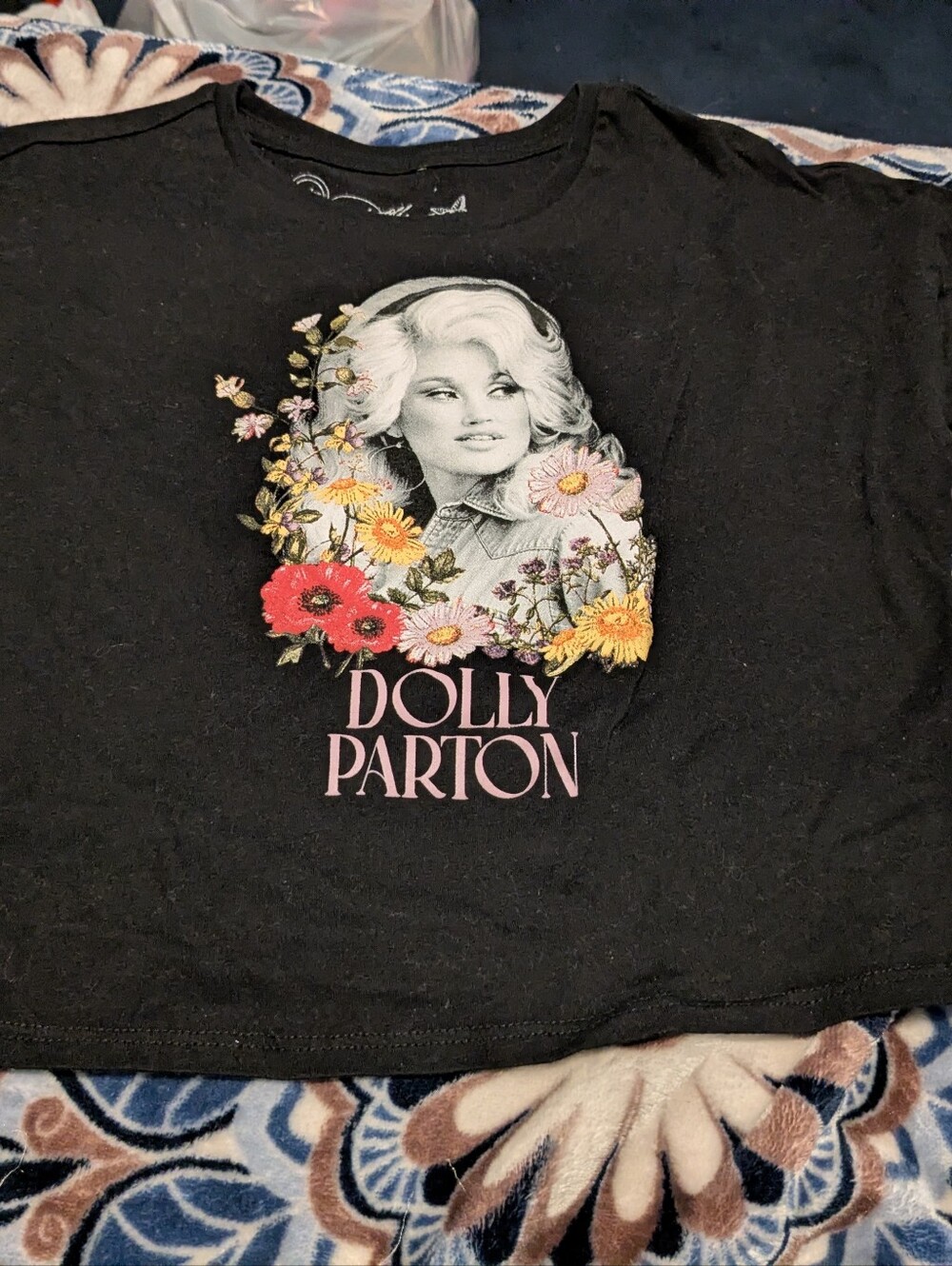 Dolly Parton Black Floral Graphic Tee - CropTop